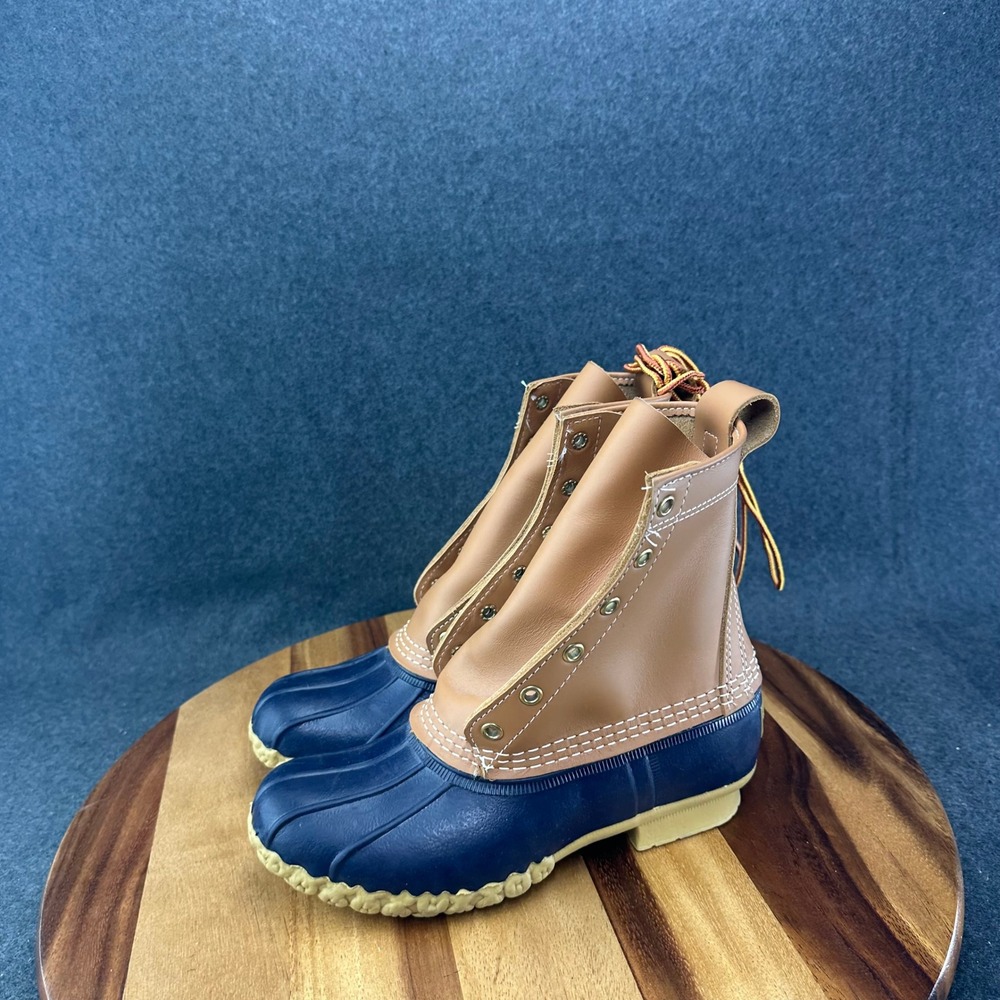 LL Bean Womens 6M Boots Duck 8" Leather Waterproof Rain Brown Blue USA 212880 - Picture 5 of 9